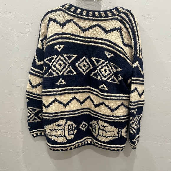 VTG Vintage Navy Tricot Express 100% Wool Hand Knitted Cardigan Sweater - Picture 4 of 7